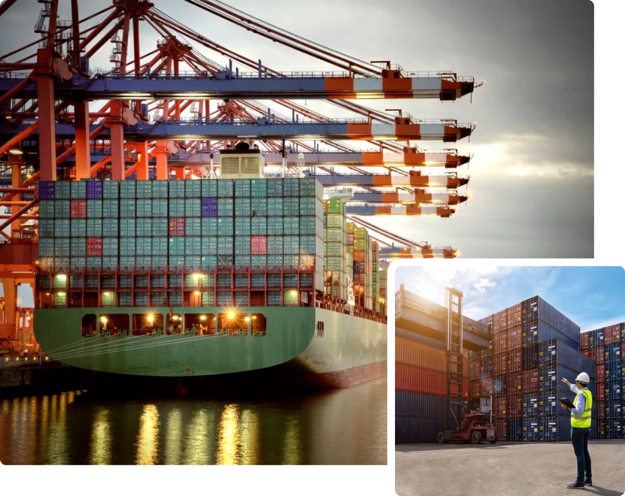 A large cargo ship in the water and a dock with many containers.